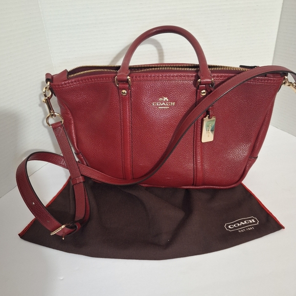 Coach Handbags - Coach Central Pebble Leather Satchel Red Maroon Medium Sized Crossbody Purse EUC